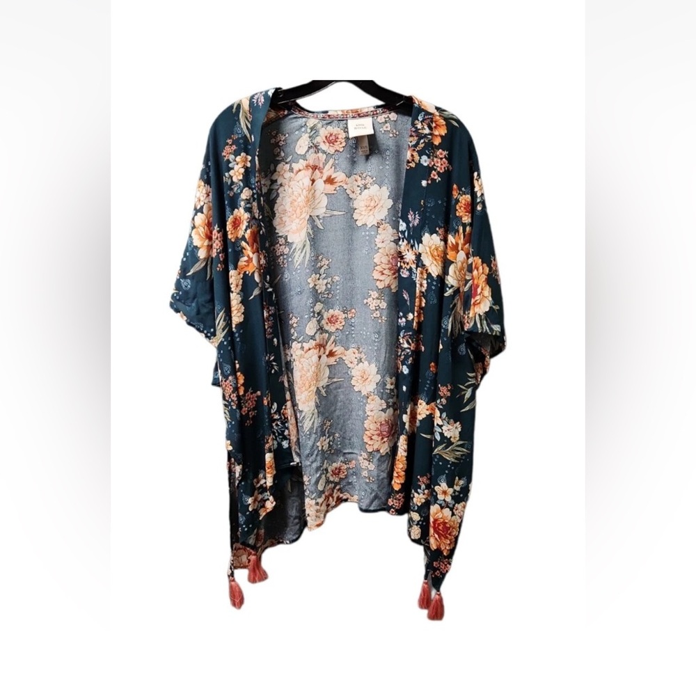 Knox Rose Boho Floral Kimono Cardigan Tassels Green Orange XS/S - Picture 3 of 8
